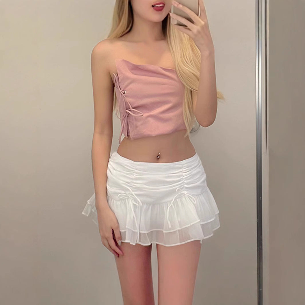 Women's New Sweet Girl Pleated Lace-up Stitching Mesh Slimming Skirt