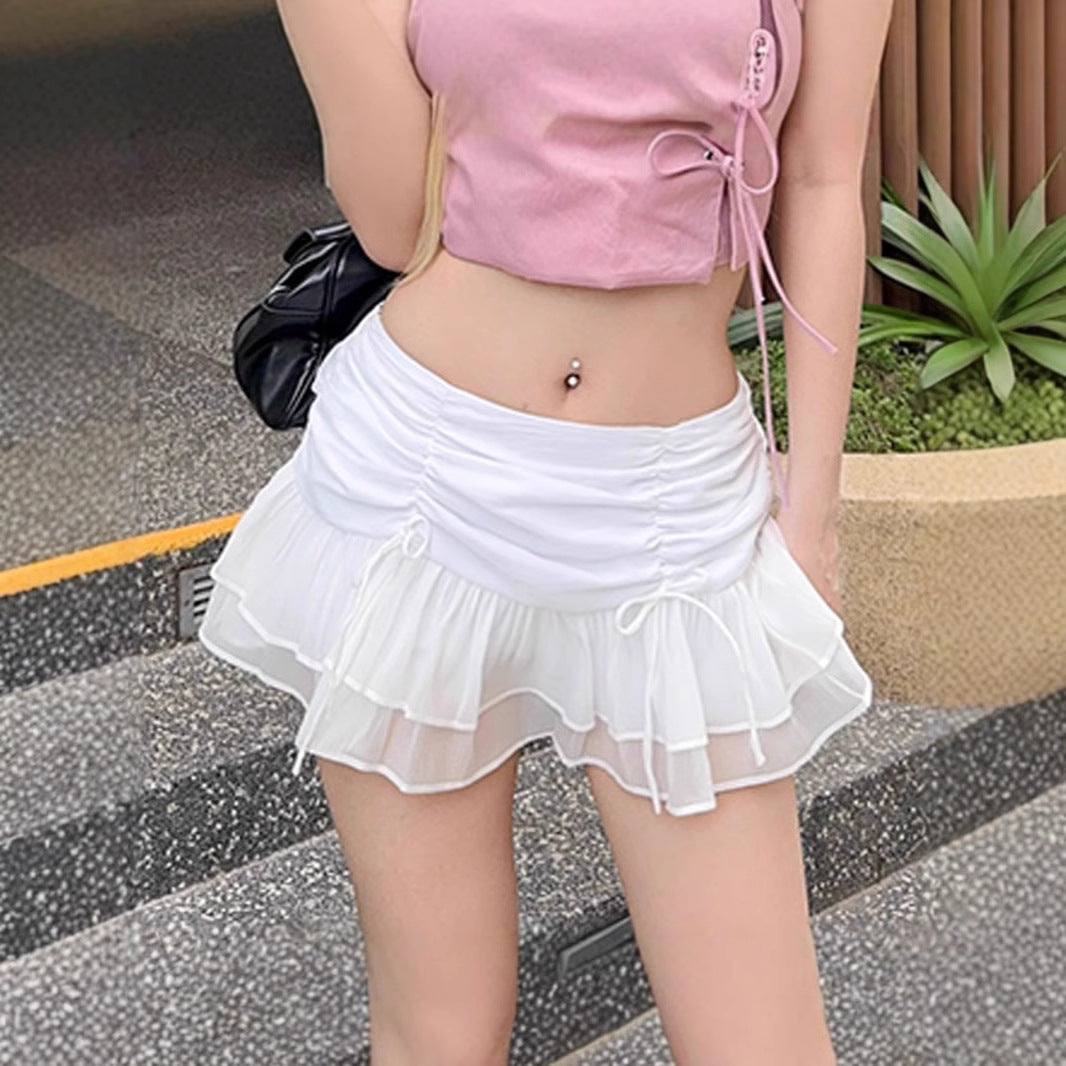 Women's New Sweet Girl Pleated Lace-up Stitching Mesh Slimming Skirt